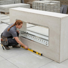 Installer beside the Outdoor Greatroom 60 inch ready-to-finish fireplace enclosure (237 lbs) before cladding