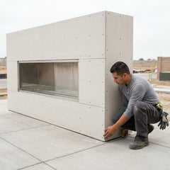 Installer beside the 9-foot Outdoor Greatroom RSTL-72 ready-to-finish see-through fireplace enclosure before cladding