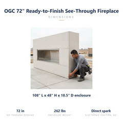 Outdoor Greatroom RSTL-72 specs: 108 x 18.5 x 48 inch ready-to-finish enclosure, 72 inch see-through opening, 262 lbs