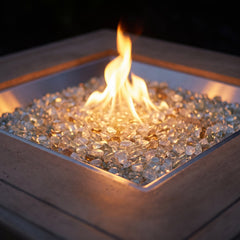 Close detail of the Sierra Square burner, fire glass bed and flame