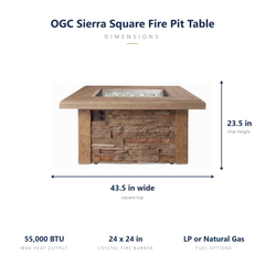 Sierra Square fire pit table dimensions: 43.5 inches square, 23.5 inches tall
