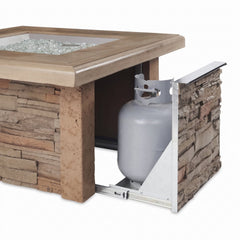 Sierra Square fire table stacked-stone base and propane tank access door