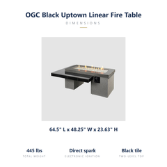Outdoor Greatroom Black Uptown fire table dimensions: 64.5 x 48.25 x 23.63 inches, 445 lbs