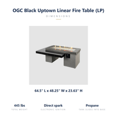Outdoor Greatroom Black Uptown LP fire table dimensions: 64.5 x 48.25 x 23.63 inches, 445 lbs