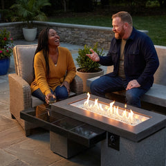 Outdoor Greatroom Black Uptown LP fire table dimensions: 64.5 x 48.25 x 23.63 inches, 445 lbs