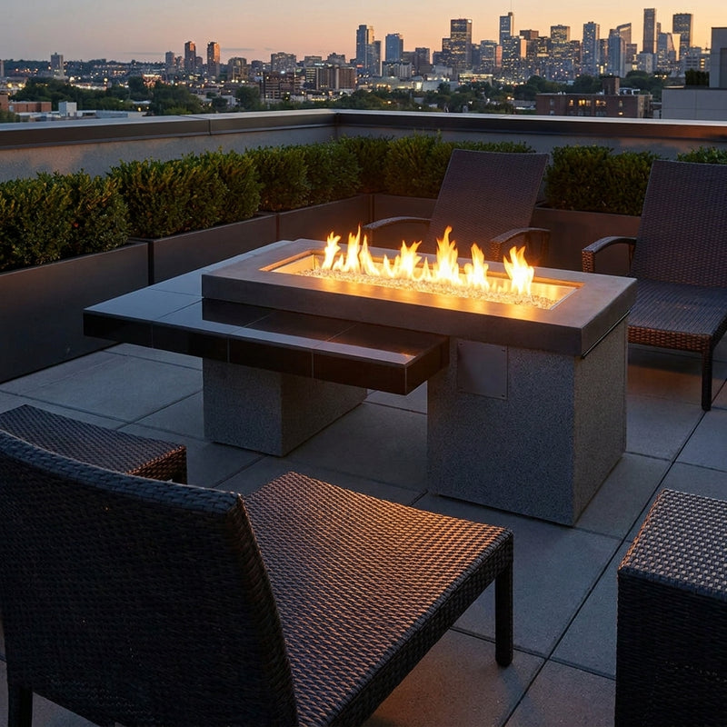 Outdoor Greatroom Black Uptown fire table dimensions: 64.5 x 48.25 x 23.63 inches, 445 lbs