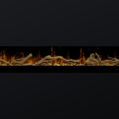 Full driftwood and river rock arrangement shown lit in a linear fireplace