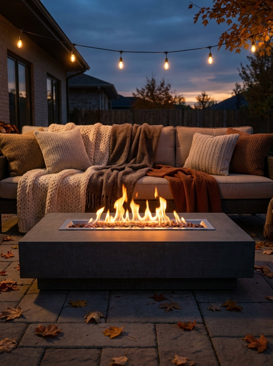 Elementi Hampton concrete gas fire pit table with flames lit on an autumn backyard patio at dusk