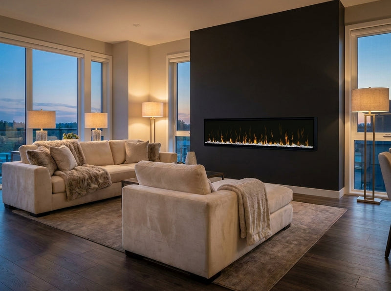 Dimplex IgniteXL linear electric fireplace glowing in a modern living room at dusk